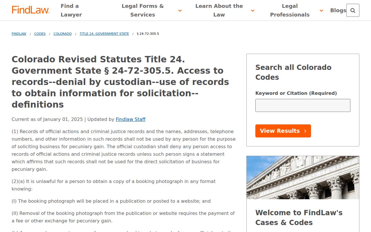 Gilpin County mugshot law for booking photos of released inmates