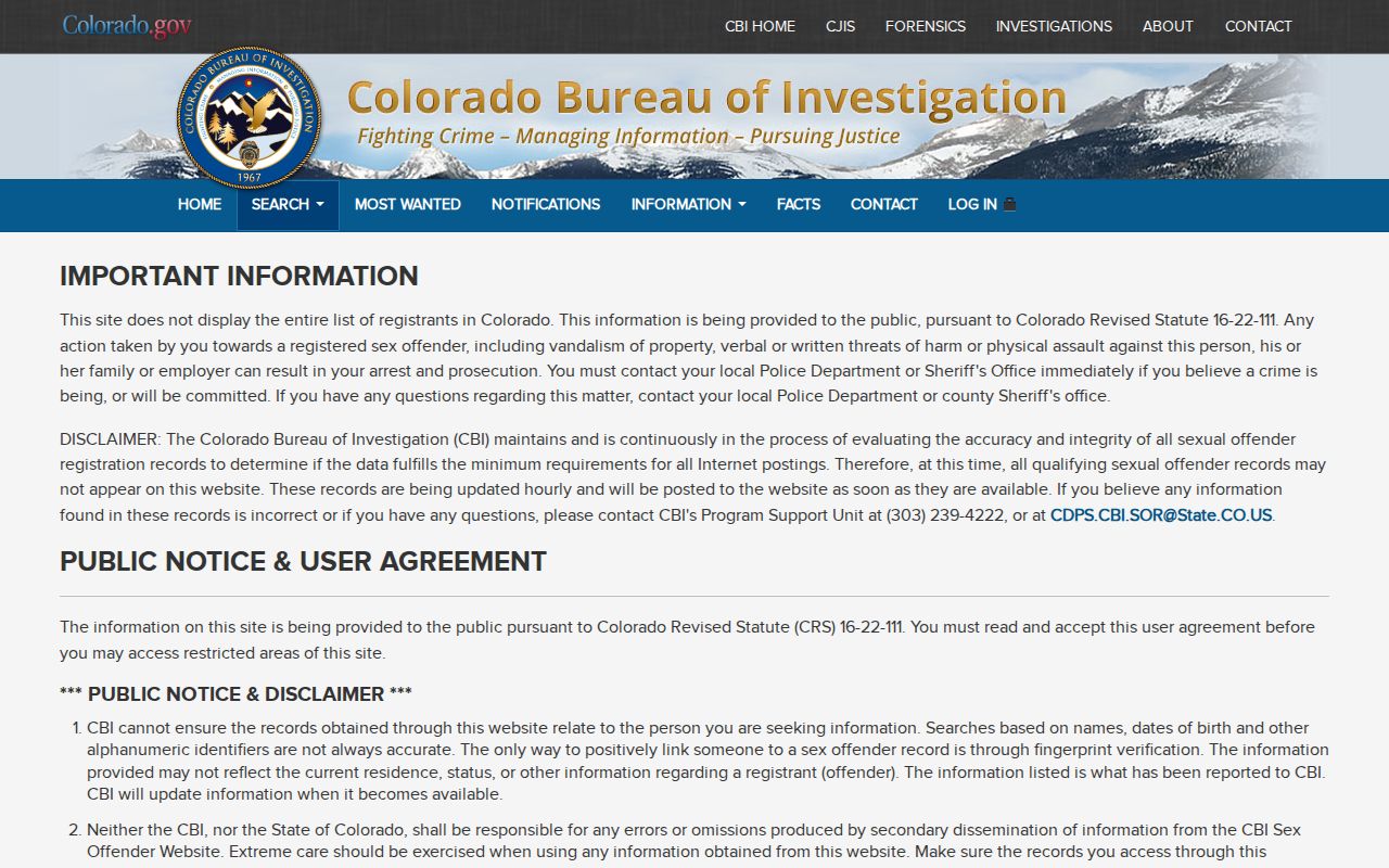 Colorado sex offender registry search agreement for Gilpin County released registrants