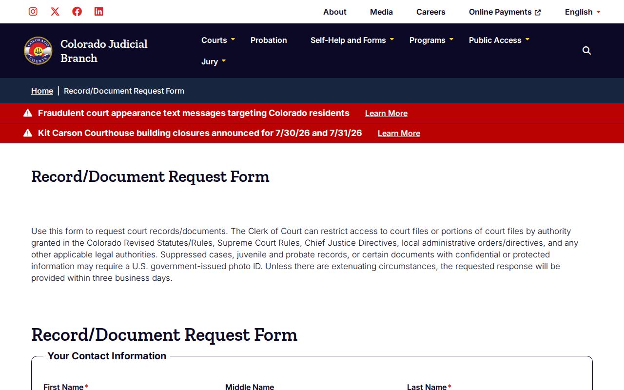 Colorado court record and document request form for Gilpin County release verification